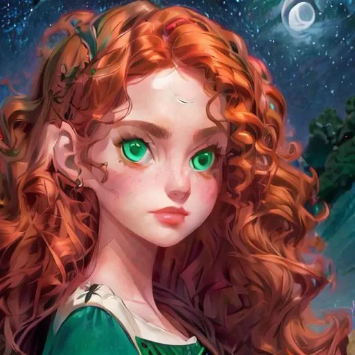 character: Merida, good quality, disney style, red hair, (perfect_face), ((stone throne)), (stone castle), cold light, moonlight, (inside), (perfect hands), ((masterpiece)), curly red hair, green eyes, portrait, (perfect face, detailed face, detailed eyes, perfect hands, perfect fingers), ivy tiara, medieval crown, ((great quality)) (ultra detailed), full body, looking at viewer, (((detailed face and eyes))), solo, loramerida, green dress, colorful, detailed eyes, ((((night time)))), best aesthetic, instagram, pixiv, hart shaped lips, (((highly details))), inside, ((moon)), moonlight, blue light, cold light, stone castle, inside, woman face, angry, open mouth, jewelry