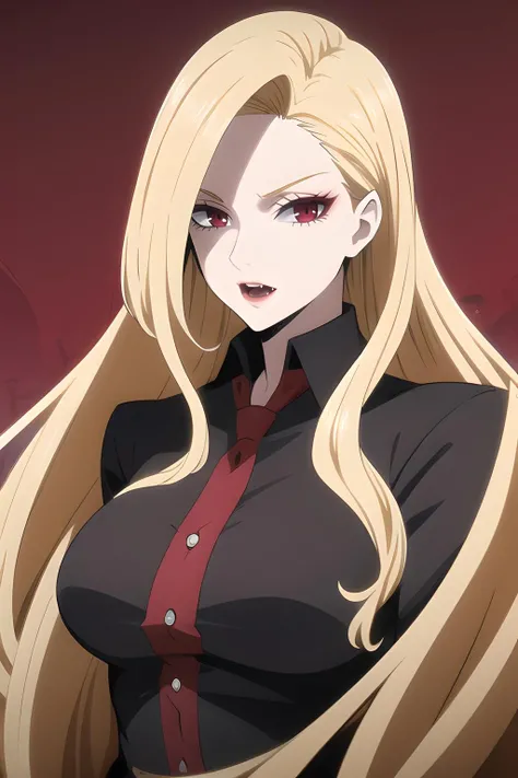 masterpiece, best quality, (colors), <lora:gelda nanatsu no taizai:0.8> solo, Gelda, red eyes, blond hair, long hair, (medium breast), blood, (vampire), looking at viewer, black shirt, (upper body),