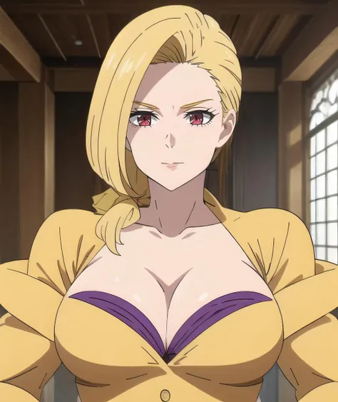 masterpiece, best quality, <lora:gelda nanatsu no taizai:0.8> Gelda,red eyes,blond hair,yellow dress,purple bra,long hair,big breast,