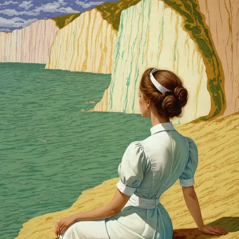 Color Field Painting, xlmrblng36-500 magnificent Victorian nurse sitting beside seaside chalk cliffs, very detailed, intricate