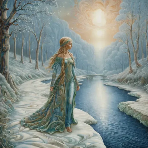 Renaissance, xlmrblng36-500 magnificent ethereal female elf walking in a winter landscape with river, very detailed, intricate