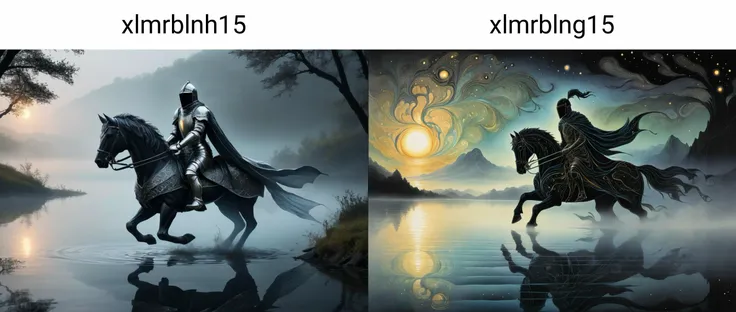 (Stained Glass:0.5), xlmrblnh15-1300 beautiful glowing male knight running in a magnificent black-tinted lake in a deep misty valley, very detailed, intricate, (misty:1.1)