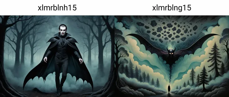 Op Art, xlmrblnh15-1300 magnificent Austrian male vampire floating in a dark forest with bioluminescent trees, (black-tinted:0.5), very detailed, intricate, (clouds of smoke:1.21)