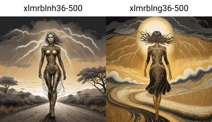 fantasy xlmrblnh36-500 Social Realism black-tinted drawing, a coloured line drawing of a mature bronze-toned American female android walking across a savannah, golden stormy sky with lightning, white filigree inlay, intricate, crisp lines, skin imperfections