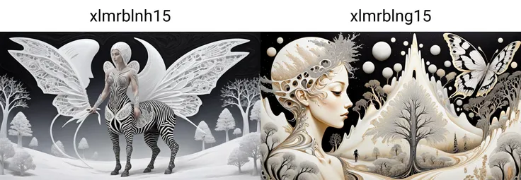 (Cubism:0.5) xlmrblnh15-1300, mature Canadian (angel) riding a zebra swallowtail butterfly in a white-tinted alien landscape with crystal trees, black filigree patterns