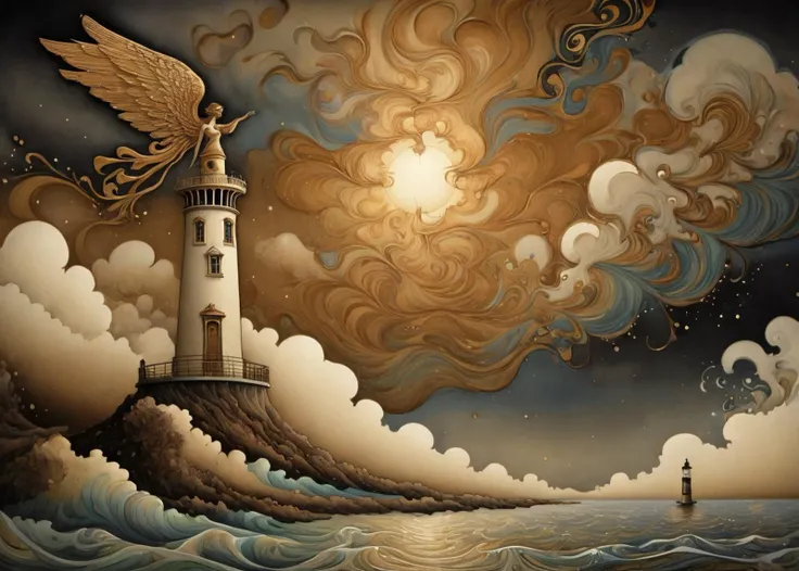 (Art Nouveau:0.9), xlmrblng15-1300 beautiful air-angel standing on a lighthouse, dark storm, fog, (bronze-tinted:0.9), very detailed, intricate