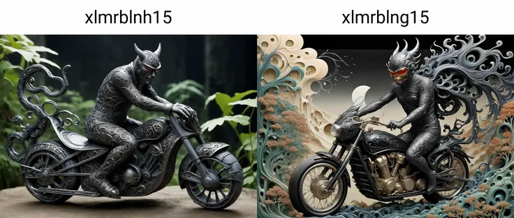(Cubism:0.5) xlmrblnh15-1300, mature South Korean demon riding a futuristic motorcycle by Rene Lalique in a overgrown ruins, old road, black filigree inlay, (misty:1.21)