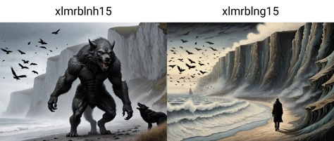 (Social Realism:0.5), xlmrblnh15-1300 magnificent heroic male werewolf walking past seaside chalk cliffs, hundreds of birds in the distance, (black-tinted:0.5), very detailed, intricate, ground mist