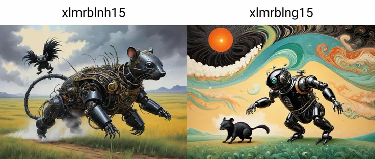 Color Field Painting xlmrblnh15-1300, mature Malaysian (robot) riding a skunk in a prairie landscape, tornado, black filigree