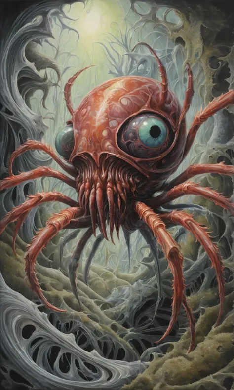 embedding:xlmrblng15-1300 A surrealistic oil painting of monstrous arachnoid, fragile limbs, facetted eyes, nightmare, intricate ornamented chitin Battleship Gray Seagrass armor, spooky monster, intimidating posture, drooling fangs, bedroom closet, on marbling paper