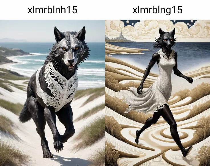 award-winning Cubism (xlmrblnh15-1300:1.1), a portrait analog realistic photograph of a magnificent mature female werewolf running in a white-tinted fields and towns with ocean in the background, fine black filigree patterns