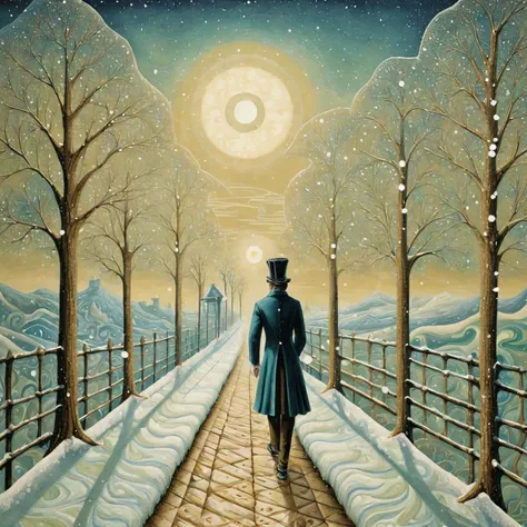 Cubism, xlmrblng36-500 magnificent Victorian cook walking on a path in a winter landscape, snowing, very detailed, intricate
