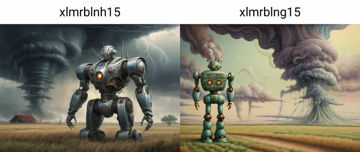 (Social Realism:0.3), xlmrblnh15-1300 magnificent heroic robot staring at a tornado in a prairie landscape, very detailed, intricate, (misty:1.1)