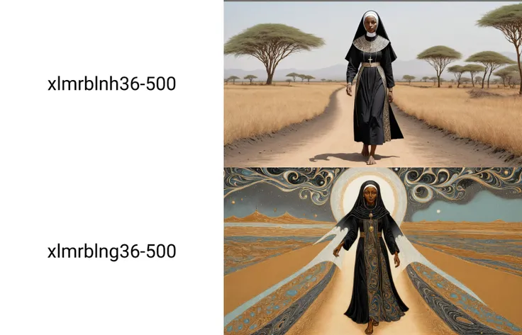 fantasy xlmrblnh36-500 Art Deco black-tinted drawing, a coloured line drawing of a mature bronze-toned Ethiopian android nun walking on an empty dirt road between fields, white filigree inlay, intricate, crisp lines, skin imperfections