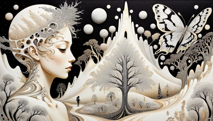 (Cubism:0.5) xlmrblng15-1300, mature Canadian (angel) riding a zebra swallowtail butterfly in a white-tinted alien landscape with crystal trees, black filigree patterns