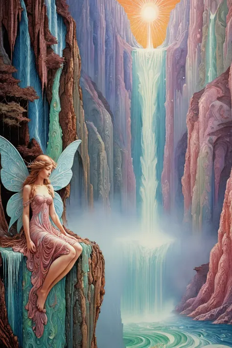 photorealistic xlmrblng36-500 stark analog photo, Art Nouveau, a beautiful winged fairy beside a magnificent cliff with waterfall, very detailed, intricate, (misty:1.1), triadic colours
