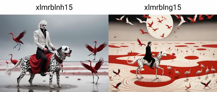 (Surrealism:0.5) xlmrblnh15-1300, mature Swedish (male vampire) riding a dalmation in a white-tinted mudflats with scarlet cranes, black filigree inlay