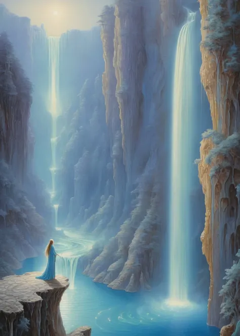 Social Realism, xlmrblng36-500 beautiful glowing sorceress floating beside a magnificent (silver-toned:0.3) cliff with waterfall, very detailed, intricate, (misty:1.1)