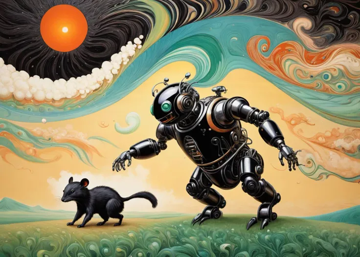 Color Field Painting xlmrblng15-1300, mature Malaysian (robot) riding a skunk in a prairie landscape, tornado, black filigree