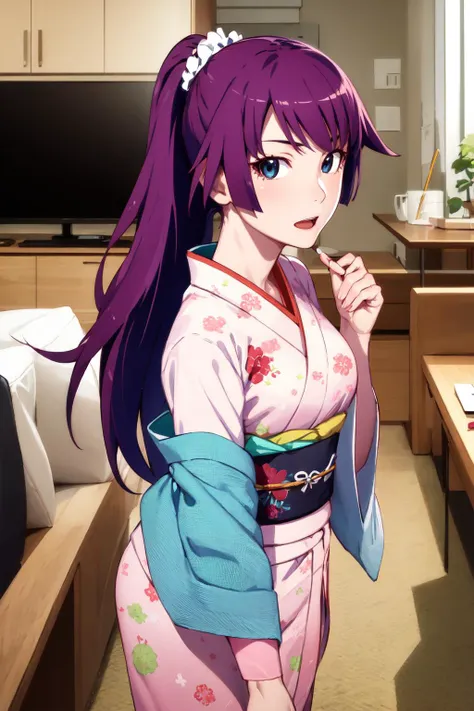 masterpiece, best quality, highres, detailed face, face focus, anime coloring,
hitagisenjougahara,  1girl, solo, breasts, looking at viewer, ponytail, scrunchie, open mouth, blue eyes, medium breasts, cowboy shot, senjougahara hitagi,
gradient kimono, heart hair ornament, leather shoes,
house, living room,
<lora:hitagi-senjougahara-v6:1>