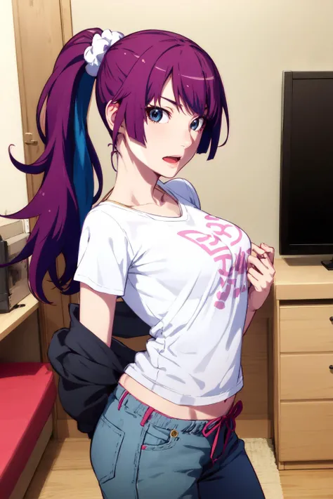 masterpiece, best quality, highres, detailed face, face focus, anime coloring,
hitagisenjougahara, 1girl, solo, breasts, looking at viewer, ponytail, scrunchie, open mouth, blue eyes, medium breasts, cowboy shot, senjougahara hitagi,
two-tone t-shirt, pom-pom pants,
house, living room,
<lora:hitagi-senjougahara-v6:1>