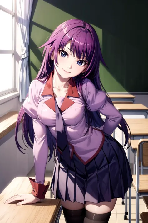 (masterpiece, best quality, detailed), 1girl, solo, hitagisenjougahara, long hair, medium breasts, bangs, thighhighs, long sleeves, pink shirt, school uniform, pleated skirt, necktie, puffy sleeves, black thighhighs, zettai ryouiki, juliet sleeves, naoetsu high school uniform, indoors, classroom, school desk, window, school chair, curtains, chalkboard, leaning forward, hanging breasts, arm support, head tilt, closed mouth, smile