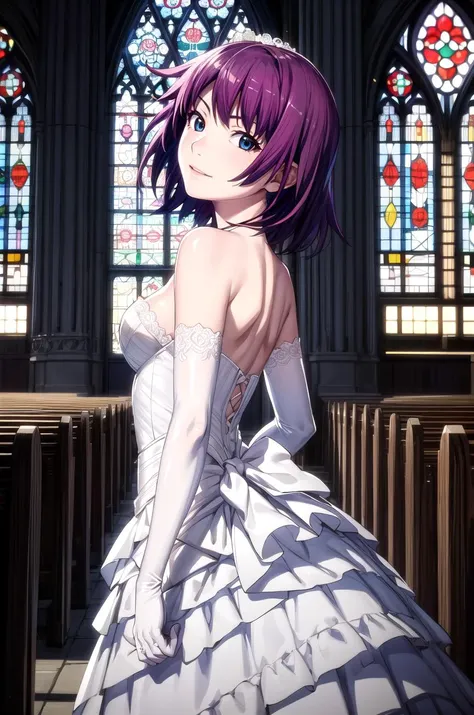 (masterpiece, best quality, detailed), 1girl, solo, hitagisenjougahara, short hair, medium breasts, bangs, looking at viewer,
bride, wedding dress, bridal veil, strapless dress, elbow gloves, indoors, church, stained glass, window, sunlight, candle, arms behind back, light smile