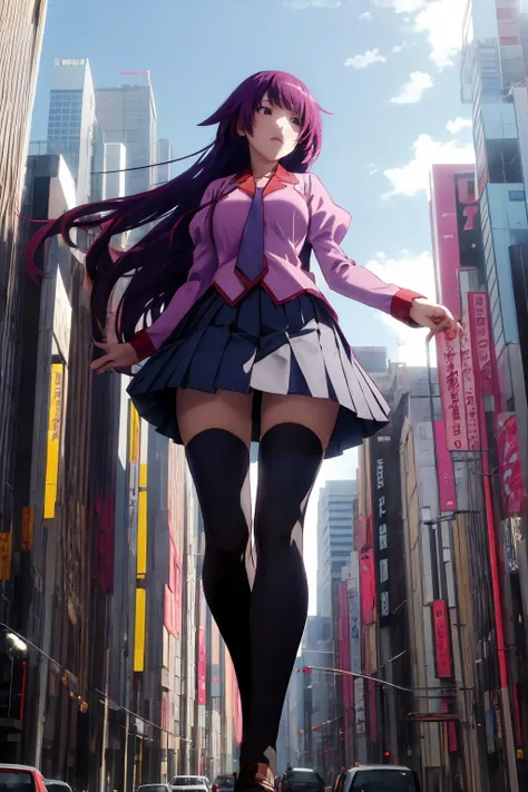 16k, highres, masterpiece, best quality,
cinematic film still,
1girl, GTS, a skyscrapering girl, walking between urban buildings, above shinjuku \(tokyo\), traffic on street, stepping over viewer, (foot up:1.2), looking ahead,
clear blue sky, daytime,
from below, from the ground, perspective, fisheye,
hitagisenjougahara, senjougahara hitagi, long hair, medium breasts, bangs,
thighhighs, long sleeves, pink shirt, school uniform, pleated skirt, necktie, puffy sleeves, black thighhighs, zettai ryouiki, juliet sleeves, naoetsu high school uniform, loafers <lora:hitagi-senjougahara-v1:1> <lora:flat2:-0.5> <lora:GTS:0.8>,
shallow depth of field, vignette, highly detailed, high budget, bokeh, cinemascope, moody, epic, gorgeous,
film grain, grainy,