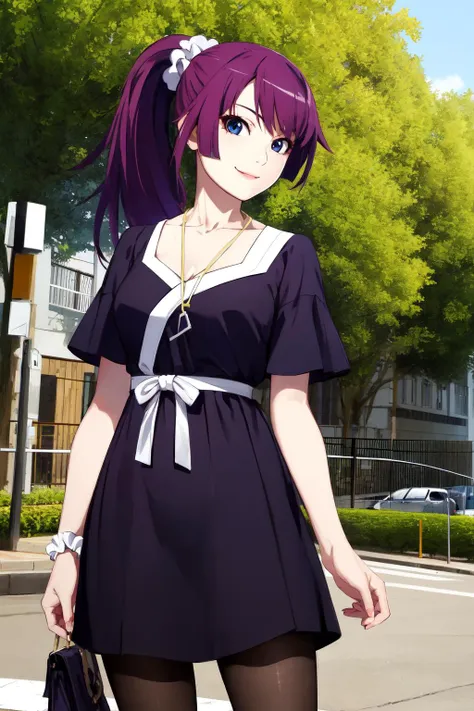 masterpiece, best quality, highres, detailed face, face focus, anime coloring,
street, trees, street signs, daylight,
1girl, solo, looking at viewer, hand on hip, smile, cowboy shot,
<lora:hitagi-senjougahara-v6:1>,hitagisenjougahara, long hair,  ponytail, medium breasts, bangs, senjougahara hitagi,
black dress, collarbone, dress, white ribbon, jewelry, black pantyhose, shorts, necklace, bag, black pantyhose, scrunchie, legwear under shorts, short sleeves