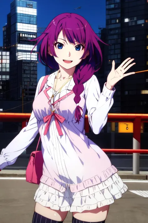 masterpiece, best quality, highres, detailed face, face focus, anime coloring,
tokyo, city, skyscrapers, tokyo, daylight,
1girl, solo, looking at viewer, waving, smile, cowboy shot, open mouth
<lora:hitagi-senjougahara-v6:1>,hitagisenjougahara, single braid, braid, medium breasts, senjougahara hitagi,
white dress, pink shirt, white shirt, zettai ryouiki, black thighhighs, striped thighhighs, necklace, ribbon, frills