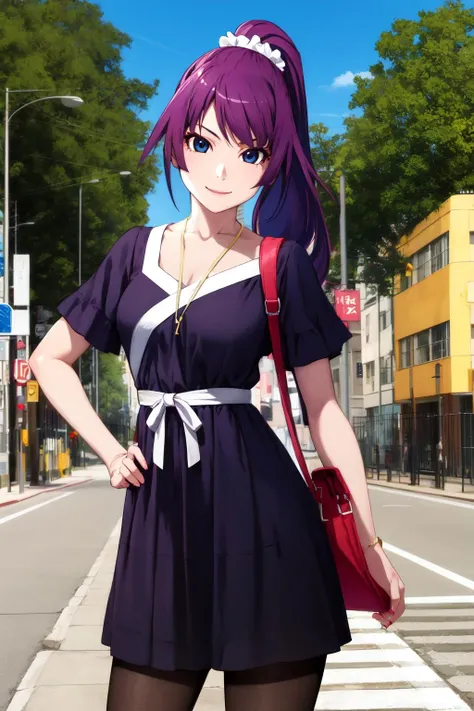 masterpiece, best quality, highres, detailed face, face focus, anime coloring,
street, trees, street signs, sunset,
1girl, solo, looking at viewer, hand on hip, smile, cowboy shot,
<lora:hitagi-senjougahara-v6:1>,hitagisenjougahara, long hair, ponytail, medium breasts, bangs, senjougahara hitagi,
black dress, collarbone, dress, white ribbon, jewelry, black pantyhose, shorts, necklace, bag, black pantyhose, scrunchie, legwear under shorts, short sleeves