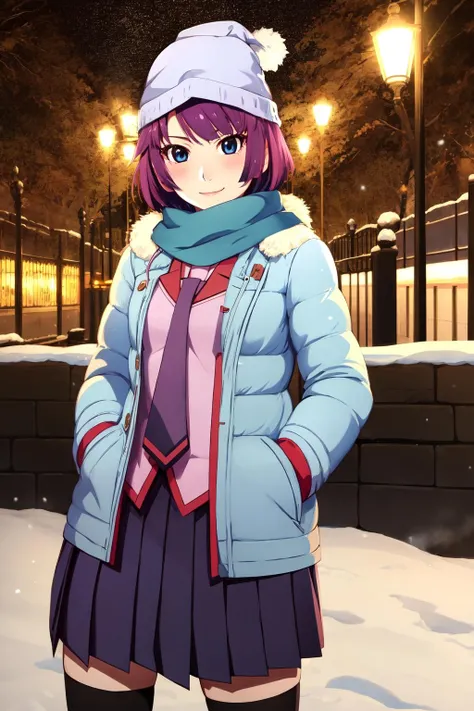masterpiece, best quality, highres, detailed face, face focus, anime coloring,
night, winter, snow, park, trees, street lights, dim lighting,
1girl, solo, looking at viewer, hands in pockets, smile, blush, cowboy shot,
<lora:hitagi-senjougahara-v6:1>,hitagisenjougahara, short hair, medium breasts, senjougahara hitagi,
beanie, school uniform, purple hair, necktie, scarf, blue scarf, coat, winter clothes, naoetsu high school uniform, skirt, pleated skirt, black thighhighs, zettai ryouiki
