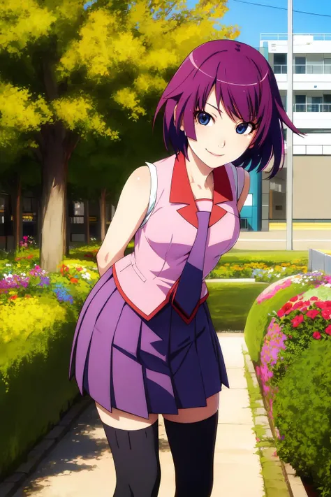 masterpiece, best quality, highres, detailed face, face focus, anime coloring,
garden, flowers, cowboy shot, smile, daylight,
1girl, solo, looking at viewer, leaning forward, arms behind back, 
<lora:hitagi-senjougahara-v6:1>,hitagisenjougahara, short hair,  medium breasts, senjougahara hitagi,
thighhighs, sleeves rolled up, sleeveless, pink shirt, school uniform, pleated skirt, necktie, black thighhighs, zettai ryouiki, naoetsu high school uniform