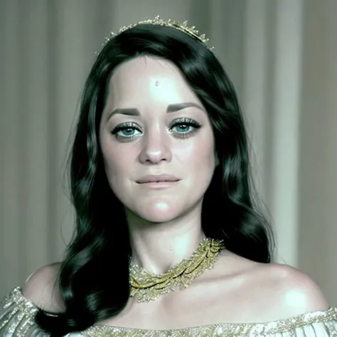 a professional photograph of marion_cotillard, <lora:marion_01_768_343samples:1>,long brunette hair, white and gold dress, (smiling:0.5)