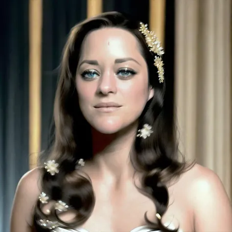 a professional photograph of marion_cotillard, <lora:marion_01_768_343samples:1>,long brunette hair, white and gold dress, (smiling:0.5)