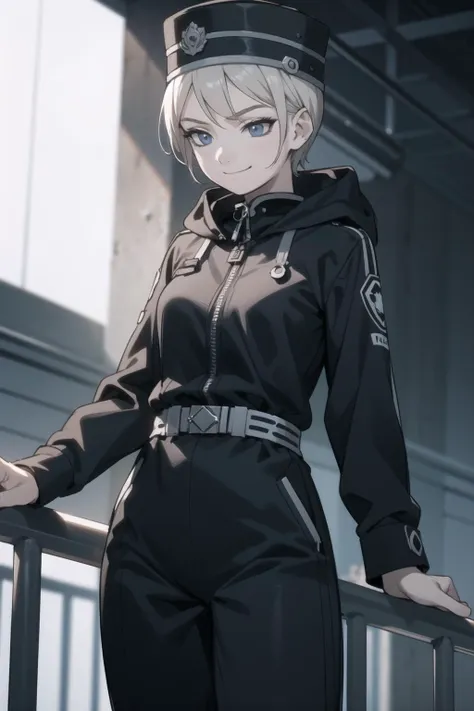 <lora:tatiana-000014:1> ttwa, ttps, black jumpsuit, hood, black hat,
1girl, hand on railing, looking down, smirk