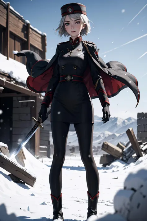 <lora:tatiana-000014:1> ttwa, military uniform, jacket on shoulders, black shirt, black skirt, pencil skirt, military hat, (fur trim:0.8), black leggings, white gloves,
1girl, sword, battlefield, rubble, crowded, snow, wind