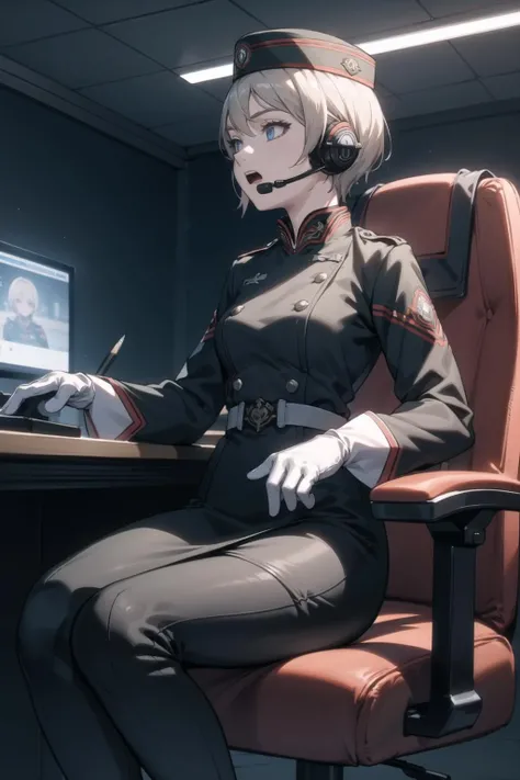 <lora:tatiana-000014:1> ttwa, military uniform, jacket on shoulders, black shirt, black skirt, pencil skirt, military hat, (fur trim:0.8), black leggings, white gloves,
1girl, shouting, sitting, gamer chair, headset, livestream, looking to the side, looking at screen