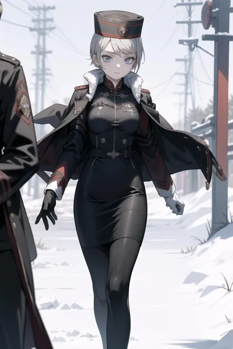 <lora:tatiana-000014:1> ttwa, military uniform, jacket on shoulders, black shirt, black skirt, pencil skirt, military hat, (fur trim:0.8), black leggings, white gloves,
1girl, winter, snow, trembling, blizzard