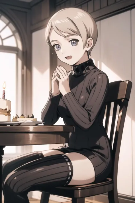 <lora:tatiana-000025:1> tatiana wisla, ribbed sweater, thighhighs,
1girl, solo, sitting, dining room, table, chair, birthday cake, own hands together, excited