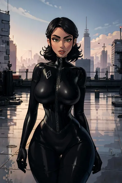 1girl, black skin, big eyes, looking at viewer, large breast, big breast, green eyes, short hair, small waist, smooth skin, legs open, mouth half open, Best Quality, (Realistic), portrait, perfect figure, highly detailed, black model, nipples out, wearing a cat woman outfit, black spandex with stitches, breasts visible, portrait of catwoman, sitting on top of a building, at night, dark city lights, big nipples, nipples exposed, she is on her knees, black spandex pants, camel toe showing, black utility belt, wearing black gloves, medium length hair, wearing long fake black nails, she is on her hands and knees, she is crawling, side view