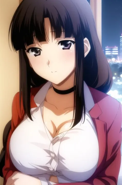 (Night:1.7), Japan, Tokyo, CityView, Before Window,
Standing at attention,
ribbon_choker,collarbone, long_sleeves, open_clothes, open_jacket, red_jacket, white_shirt,
<lora:SaionjiYouko-V1:0.75>,<lora:saiminSeishidou:0.25>,
bangs, black_eyes, black_hair, blunt_bangs,long_hair,single braid, parted bangs,
1 girl, Manga,20yo,mature female,Beautiful Finger,Beautiful long legs,Beautiful body,Beautiful Nose,Beautiful character design, perfect eyes, perfect face,
looking at viewer, alluring, (innocent_big_eyes:1.0),
official art,extremely detailed CG unity 8k wallpaper, perfect lighting,Colorful, Bright_Front_face_Lighting,
(masterpiece:1.0),(best_quality:1.0), ultra high res,4K,ultra-detailed,
photography, 8K, HDR, highres, absurdres:1.2, Kodak portra 400, film grain, blurry background, bokeh:1.2, lens flare, (vibrant_color:1.2)
(Beautiful,large_Breasts:1.4), (beautiful_face:1.5),(narrow_waist),