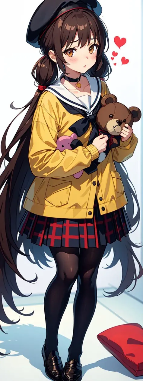 1girl, beret, black_choker, black_legwear, blush, breasts, brown_eyes, brown_hair, choker, collarbone, full_body, hat, heart, heart_choker, holding, holding_stuffed_toy, jacket, jewelry, loafers, long_hair, long_sleeves, looking_at_viewer, pantyhose, plaid, plaid_skirt, pleated_skirt, sailor_collar, school_uniform, shoes, skirt, solo, stuffed_animal, stuffed_toy, teddy_bear, twintails, very_long_hair, tsundere, imouto, white_space
