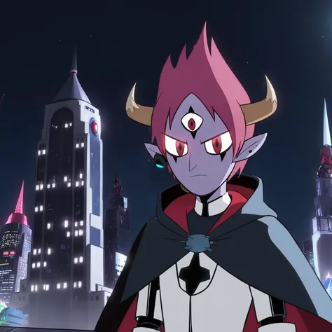 Tomkas,  1boy, formal, horns,  pink_hair, shirt,  cape,  city, city lights,  cloak, colored skin, glowing, hood, hood up, hooded cape, , looking at viewer, night, red cape, red eyes, robot joints, science fiction, skyscraper, solo, space ,<lora:Tomkas:0.7>