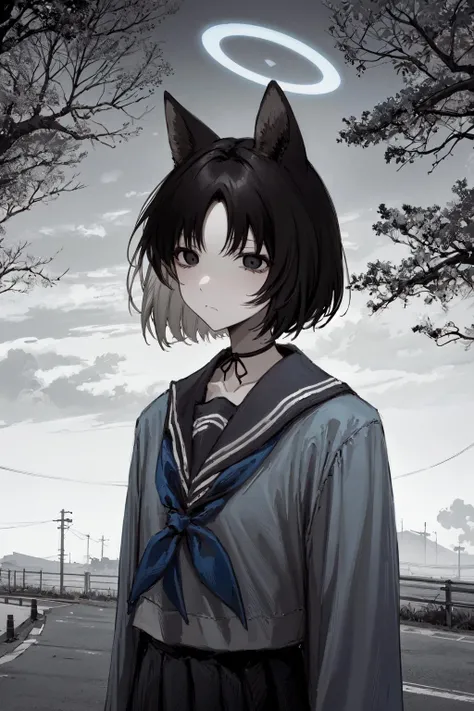 (masterpiece:1.3), (absurdres:1.3), (best quality:1.3), (ultra-detailed:1.3), road, overcast, fog, tree, 1girl, solo, kikyou, short hair, animal ears, black hair, black eyes, halo, blue halo, choker, medium breasts, breasts, serafuku, school uniform, shaded face, eyeshadow, (sad:1.2), monochrome, <lora:kikyou-09:0.7>, <lora:chan8016:0.8>