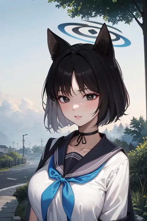 (masterpiece:1.3), (absurdres:1.3), (best quality:1.3), (ultra-detailed:1.3), road, overcast, fog, tree, 1girl, solo, kikyou, short hair, animal ears, black hair, black eyes, halo, blue halo, choker, big breasts, breasts, serafuku, school uniform, shaded face, eyeshadow, <lora:kikyou-09:0.7>