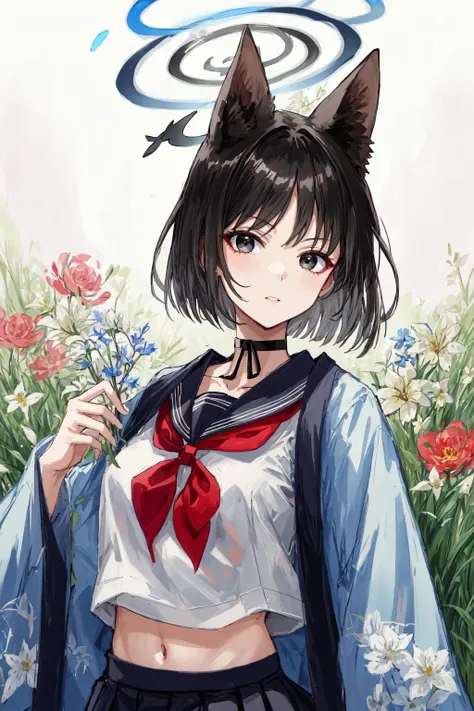 masterpiece, best quality, highly detailed, detailed face, complex background, flowers, grass, shiny, 1girl, solo, kikyou, short hair, animal ears, black hair, halo, school uniform, serafuku, sailor collar, choker, black eyes, skirt, pleated skirt, black skirt, <lora:kikyou-07:0.7>, <lora:add_detail:0.5>