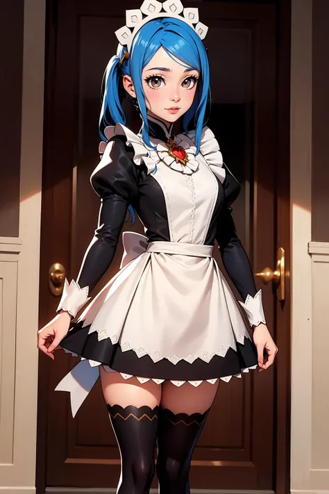 masterpiece, best quality, 1girl, solo, standing, <lora:Char_fef-FlorabyRichy:0.8> floradef, maid, maid headdress, black thighhighs