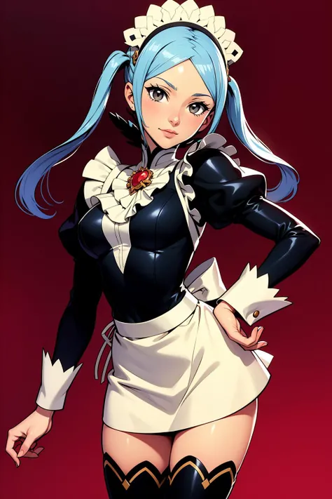 masterpiece, best quality, 1girl, solo, standing,   <lora:Char_fef-FlorabyRichy:0.8> floradef, maid, maid headdress, black thighhighs (Takeshi Obata)