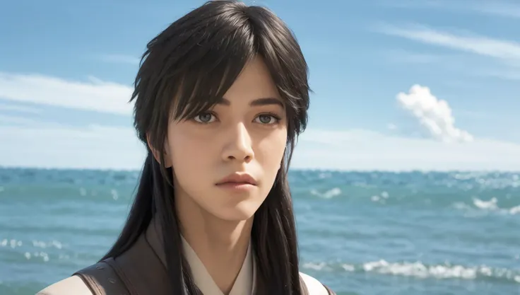 a young man with long black hair and a vest on standing in front of the ocean with a blue sky, (1girl:0.955), (bangs:0.575), (black eyes:0.572), (black hair:0.709), (blue sky:0.985), (closed mouth:0.536), (cloud:0.927), (day:0.980), (horizon:0.816), (japanese clothes:0.511), (lips:0.764), (long hair:0.775), (looking at viewer:0.811), (nose:0.534), (ocean:0.950), (outdoors:0.734), (realistic:0.814), (sky:0.988), (solo:0.937), (upper body:0.557), (water:0.600)